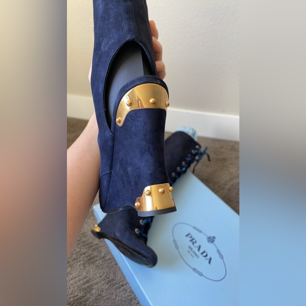 PRADA DARK BLUE LACED KNEW OPEN HEEL BOOTS SIZE 6.5 (36.5 Italian size) - Picture 9 of 17